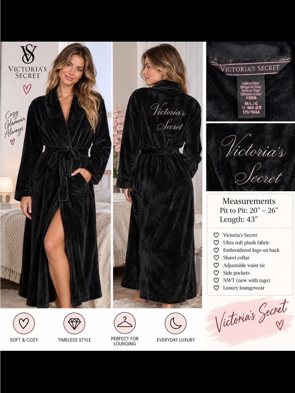 Victoria's Secret Black Plush Embroidered Robe